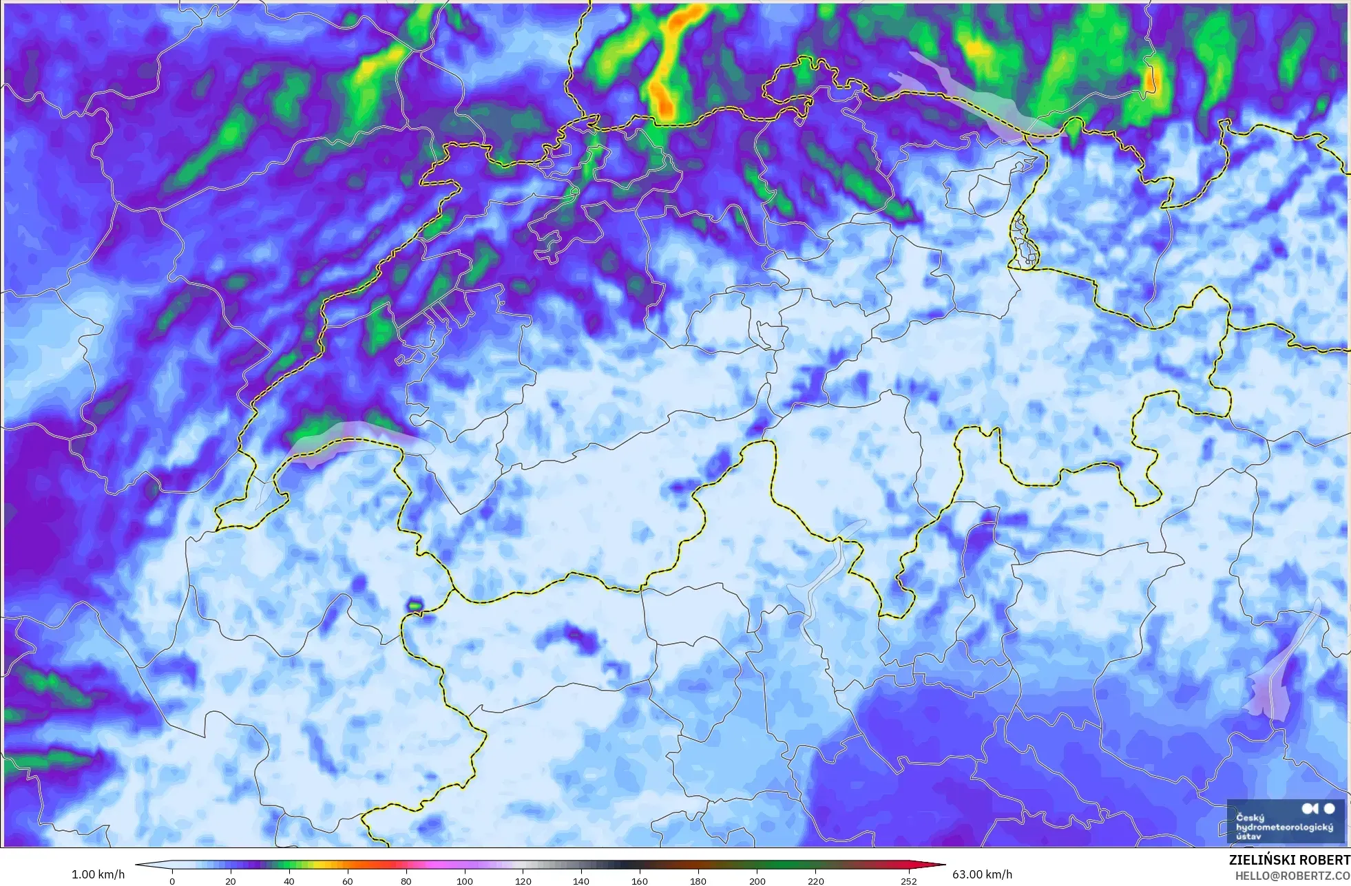 ALADIN CZ 2.3 km modelo - Suiza, Ráfagas de viento