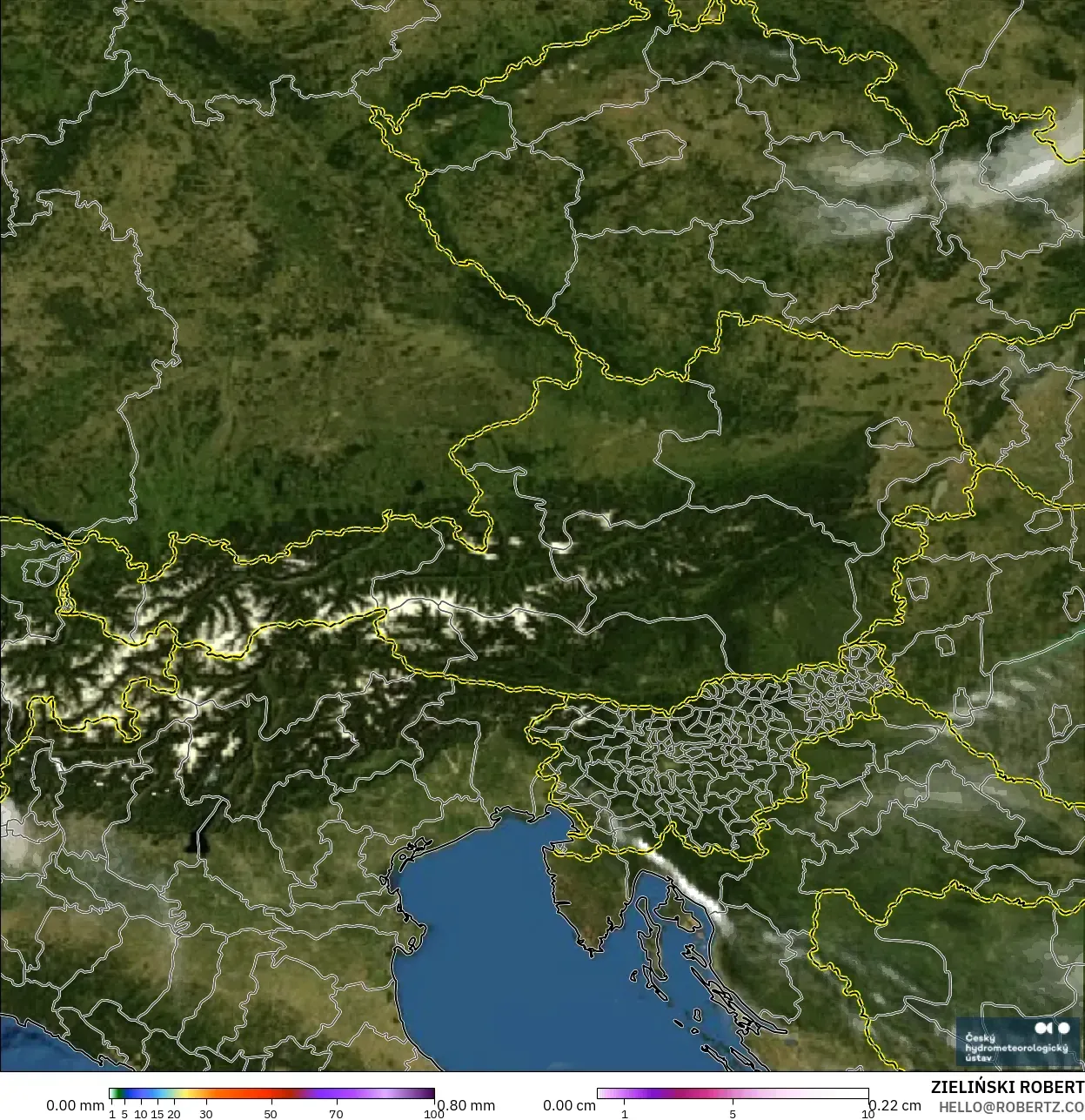 ALADIN CZ 2.3 km modelo - Austria, Precipitación, nubes y presión