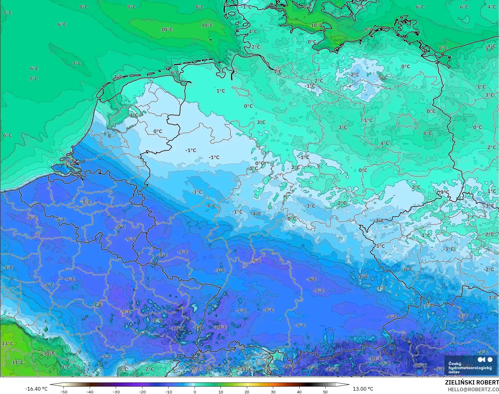 ALADIN CZ 2.3 km modelo - Alemania, Punto de rocío a 2 m