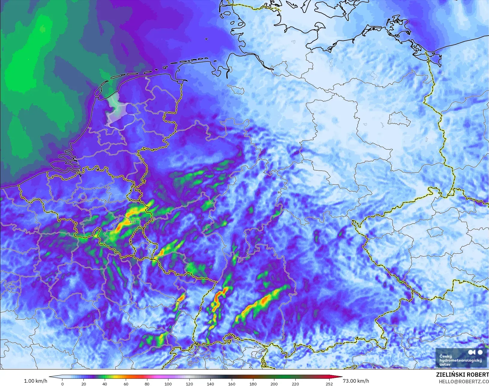 ALADIN CZ 2.3 km modelo - Alemania, Ráfagas de viento