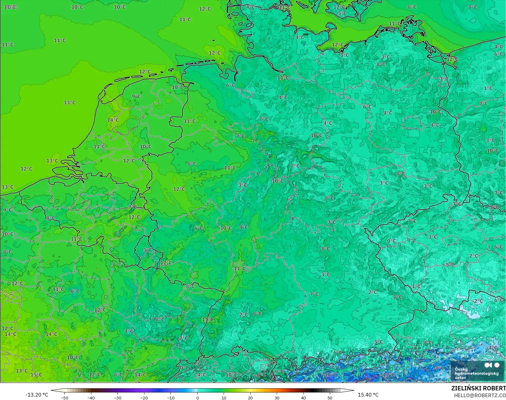 ALADIN CZ 2.3 km modelo - Alemania, Temperatura a 2 m