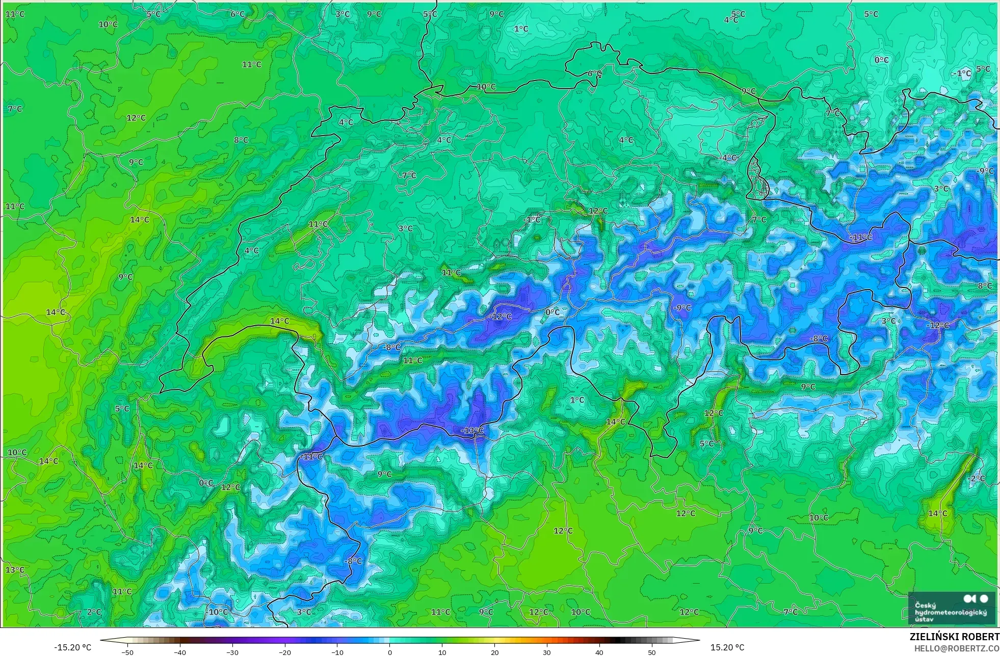 ALADIN CZ 2.3 km modelo - Suiza, Temperatura a 2 m