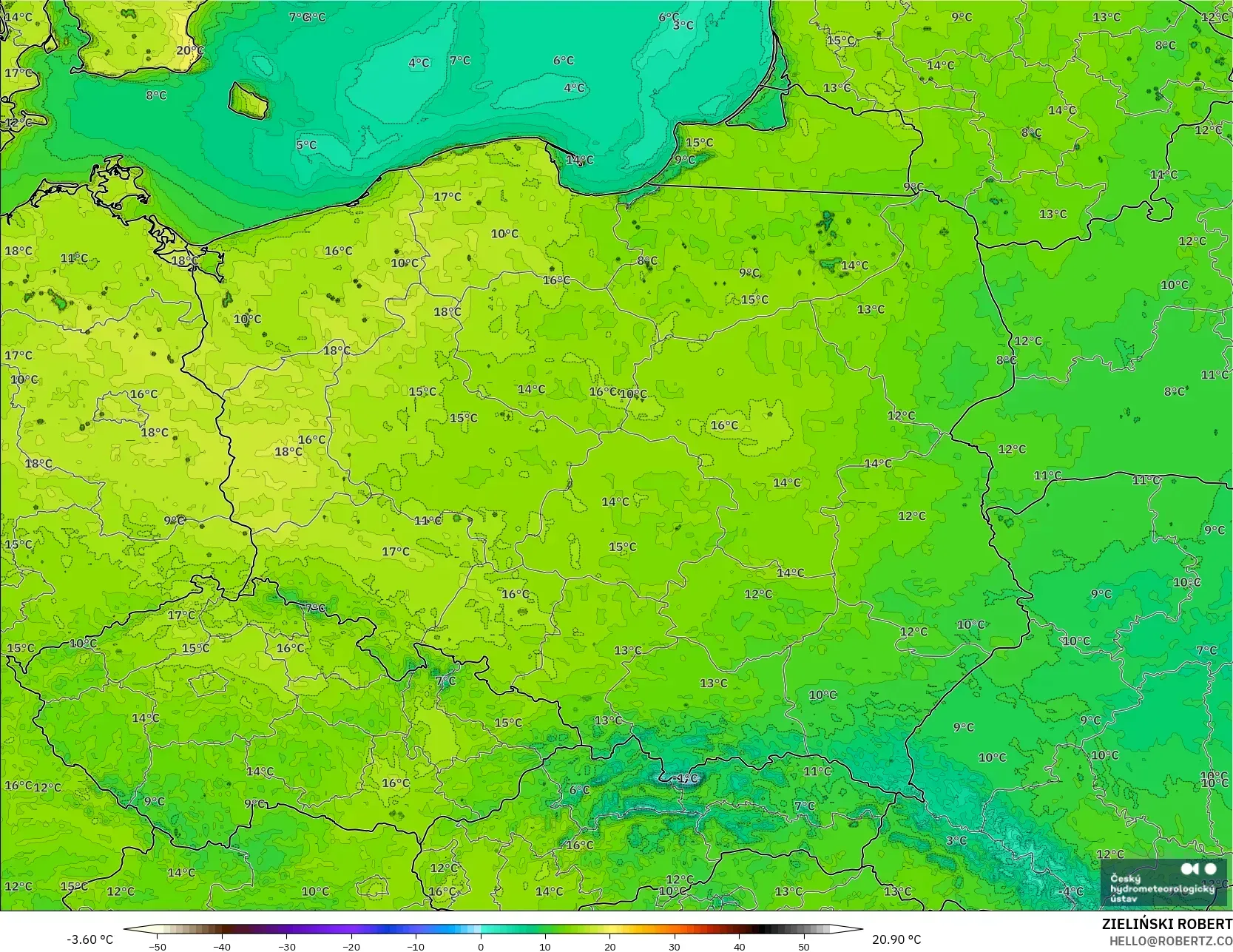 ALADIN CZ 2.3 km modelo - Polonia, Temperatura a 2 m