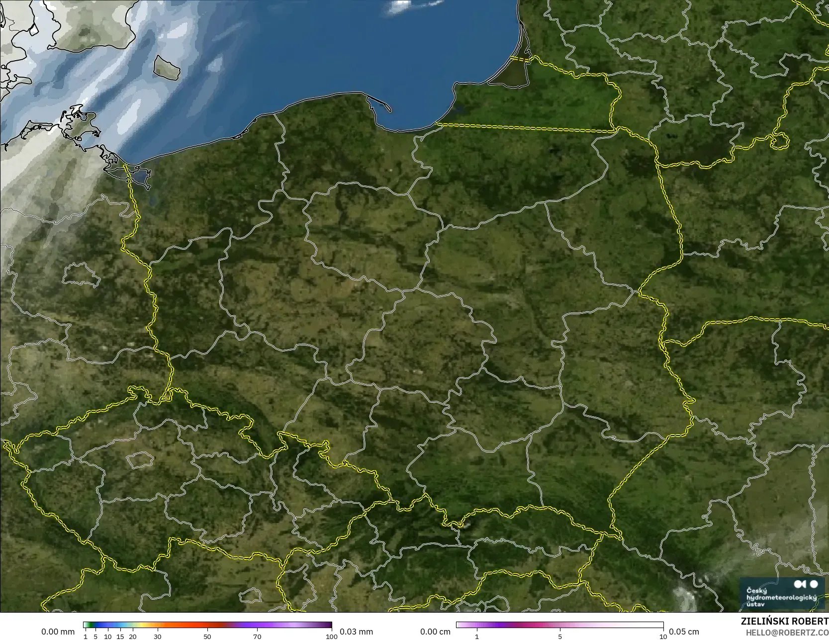 ALADIN CZ 2.3 km modelo - Polonia, Precipitación, nubes y presión