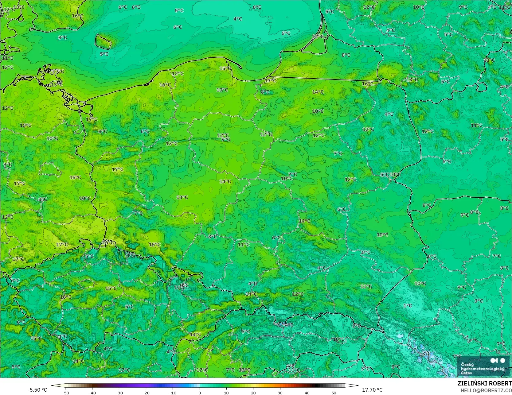 ALADIN CZ 2.3 km modelo - Polonia, Temperatura a 2 m