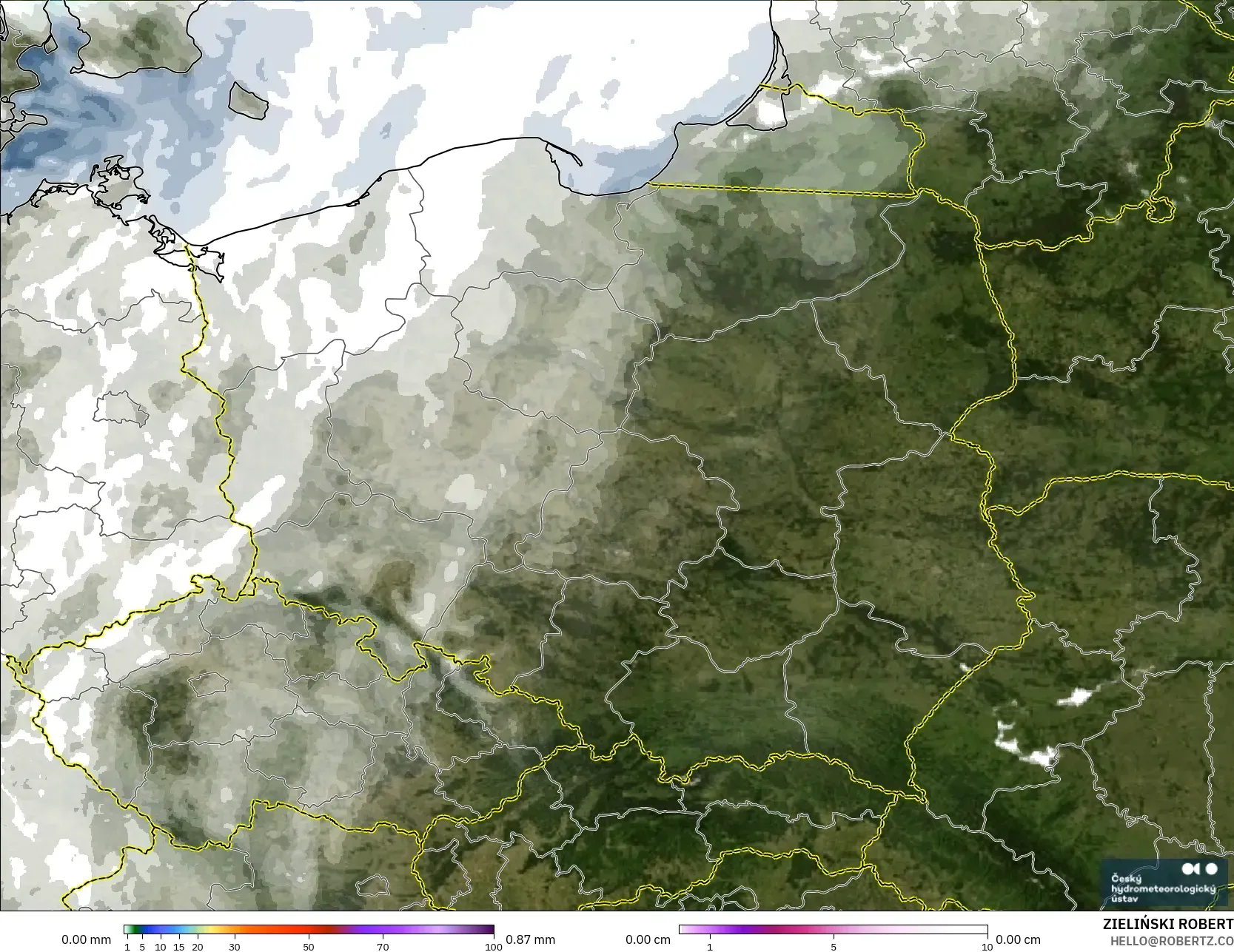 ALADIN CZ 2.3 km modelo - Polonia, Precipitación, nubes y presión