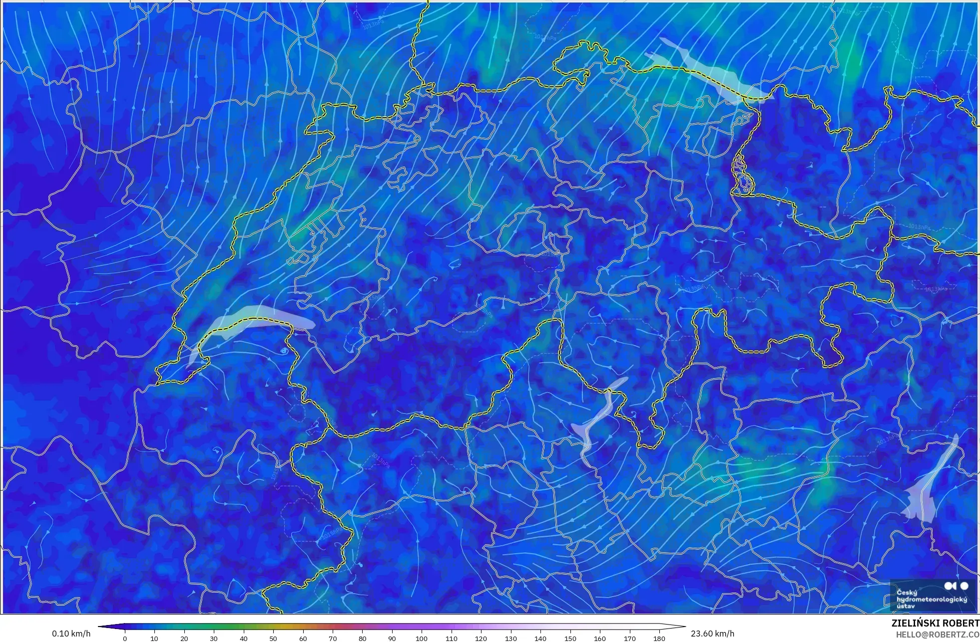 ALADIN CZ 2.3 km modelo - Suiza, Viento a 10 m