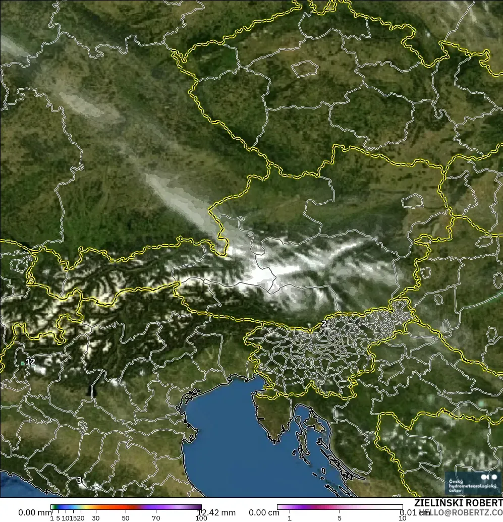 ALADIN CZ 2.3 km modelo - Austria, Precipitación, nubes y presión