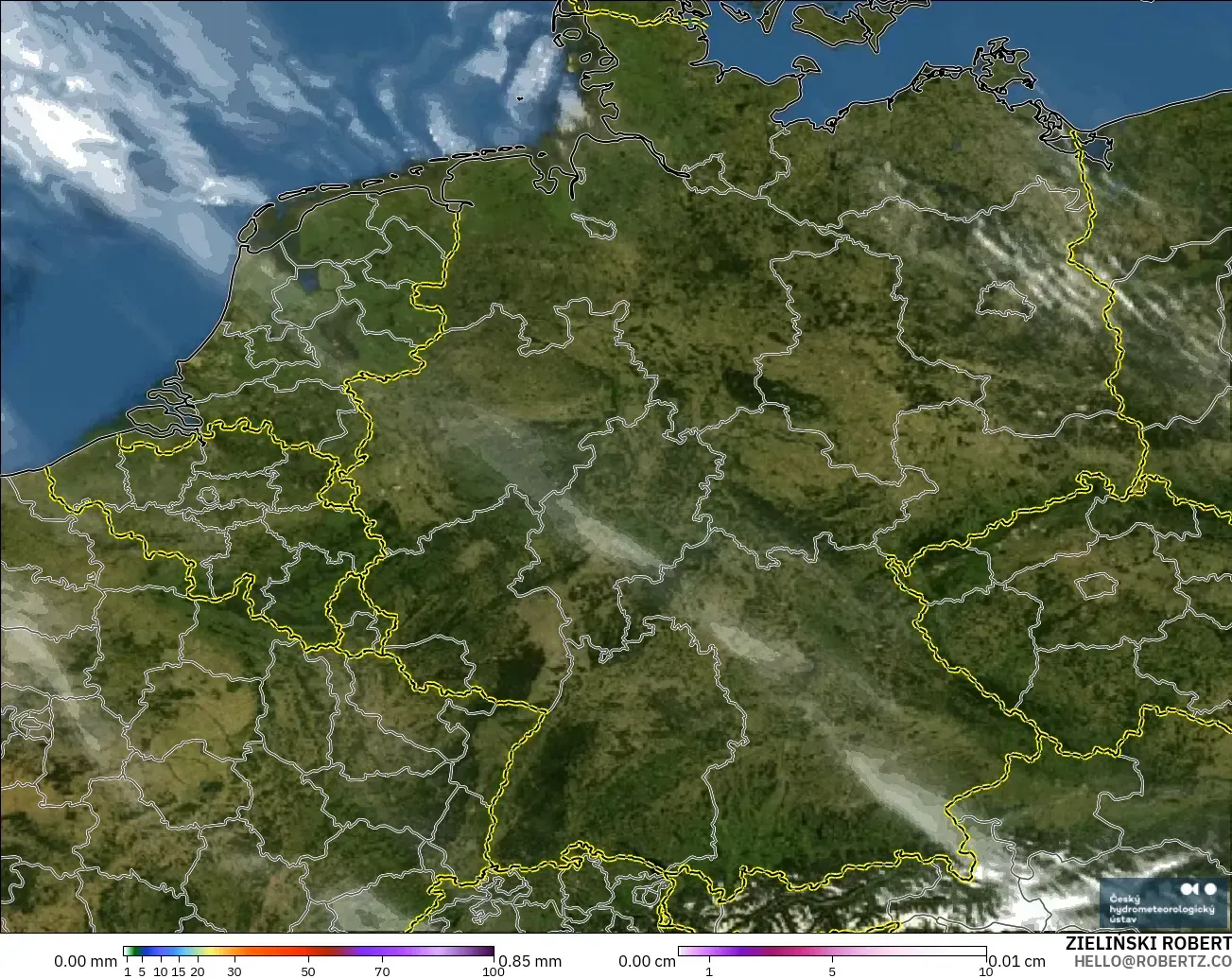 ALADIN CZ 2.3 km modelo - Alemania, Precipitación, nubes y presión
