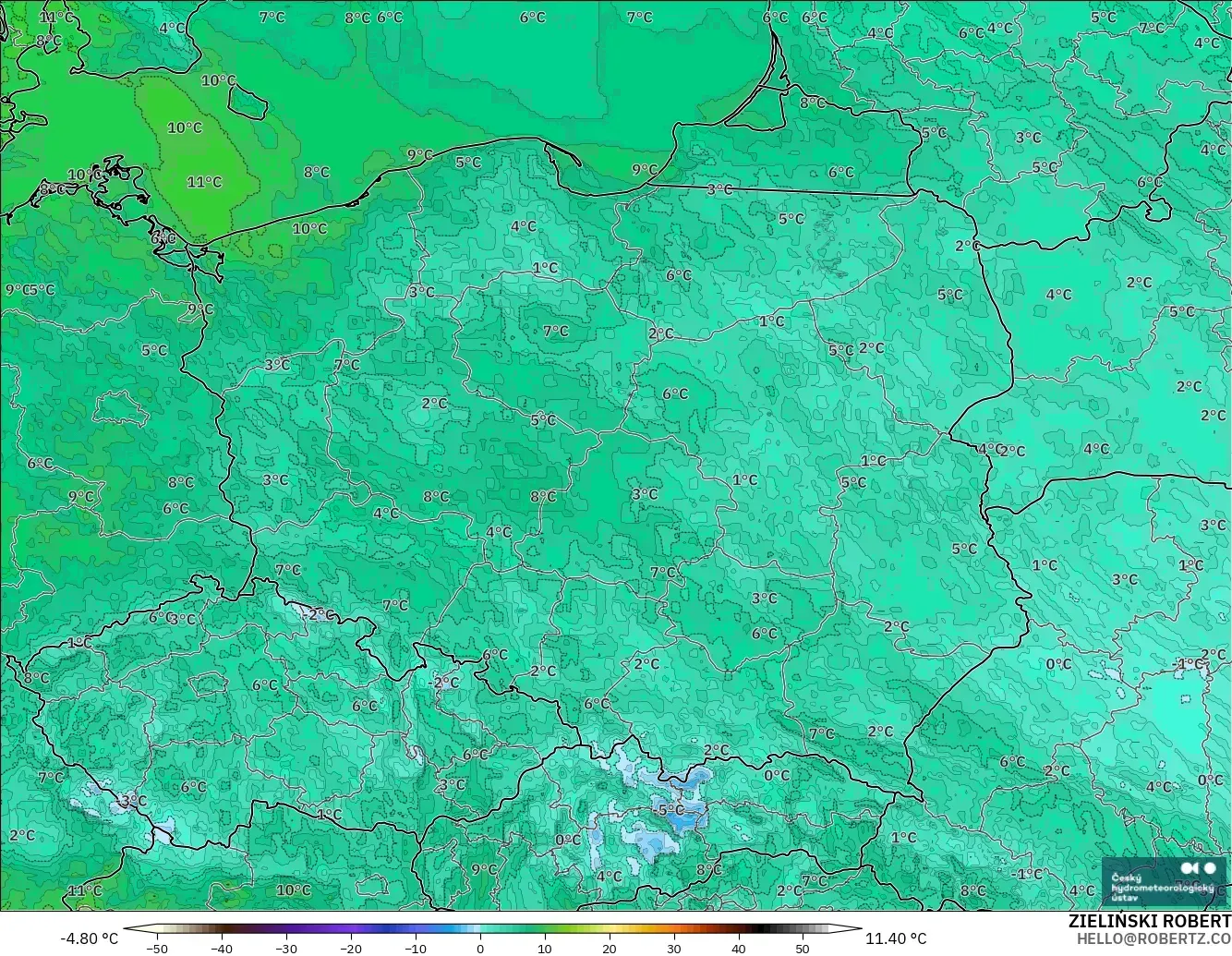 ALADIN CZ 2.3 km modelo - Polonia, Punto de rocío a 2 m