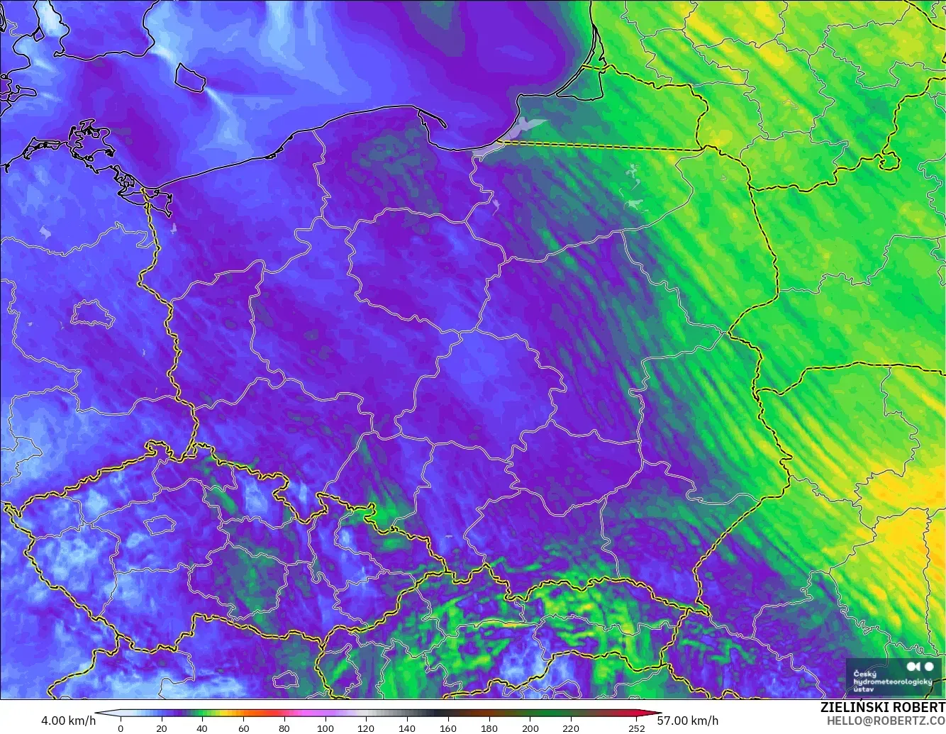 ALADIN CZ 2.3 km modelo - Polonia, Ráfagas de viento