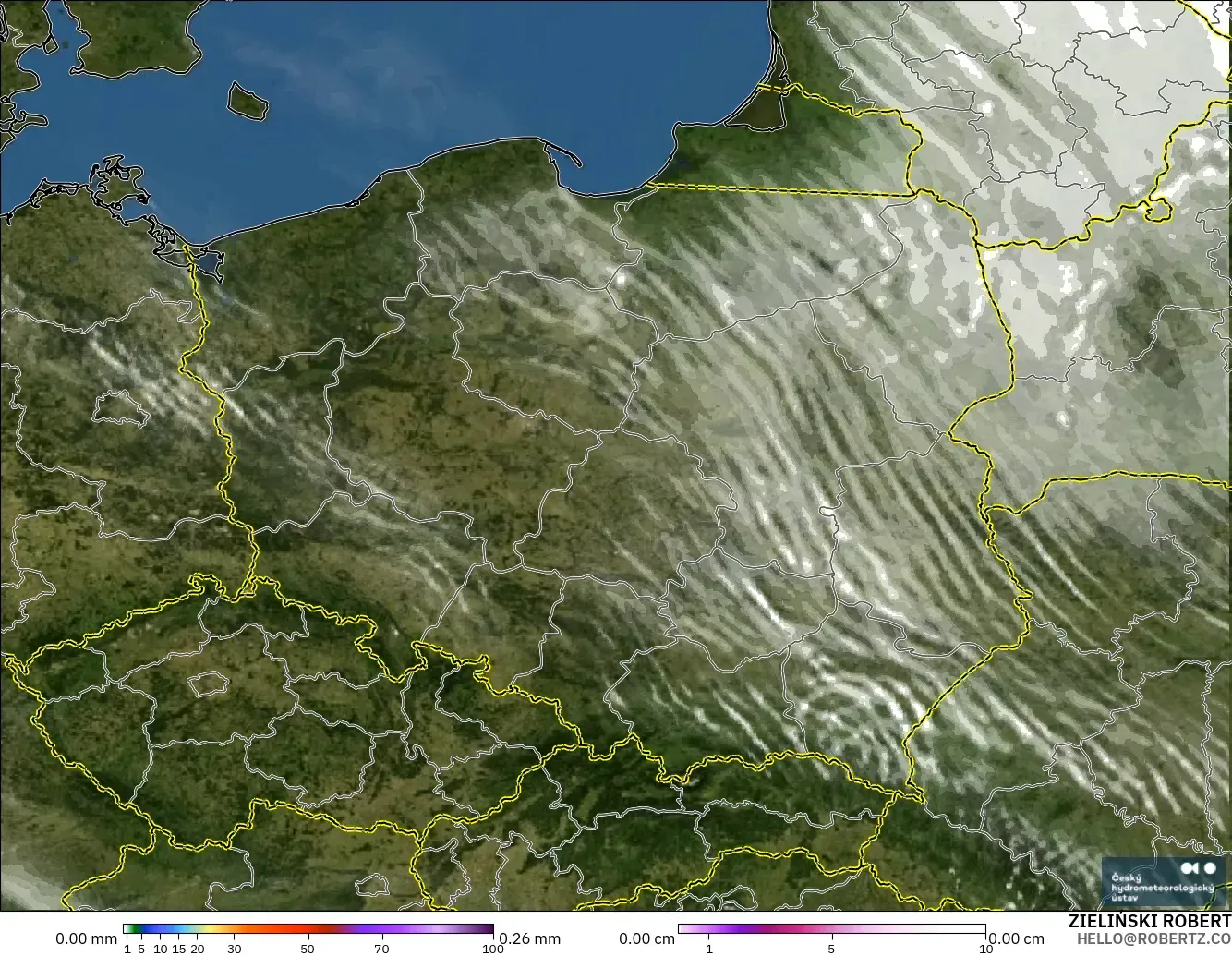 ALADIN CZ 2.3 km modelo - Polonia, Precipitación, nubes y presión
