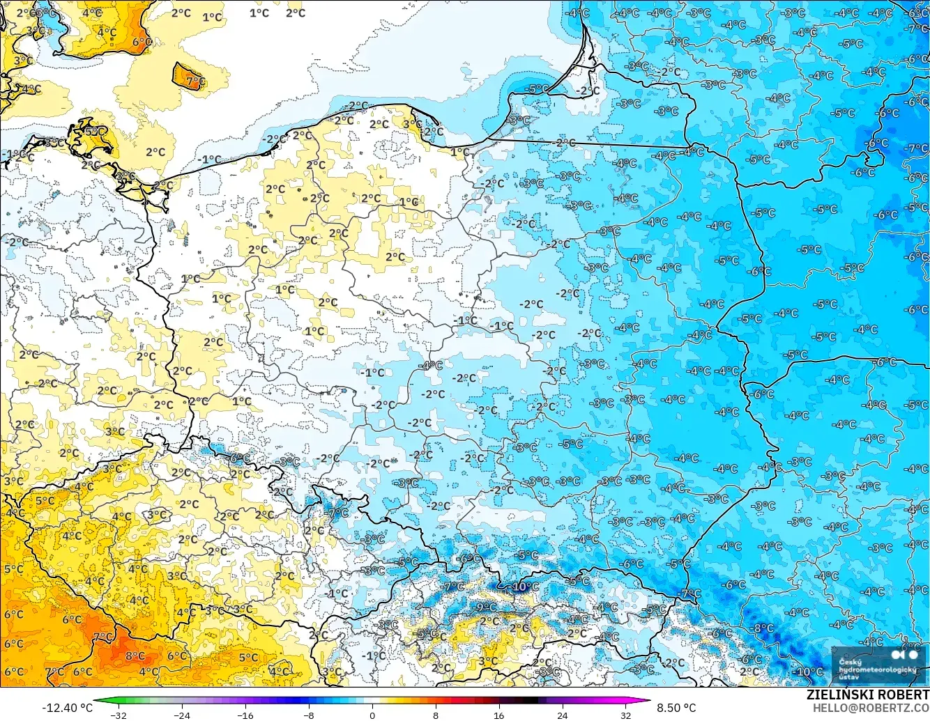 ALADIN CZ 2.3 km modelo - Polonia, Anomalía de temperatura a 2 m