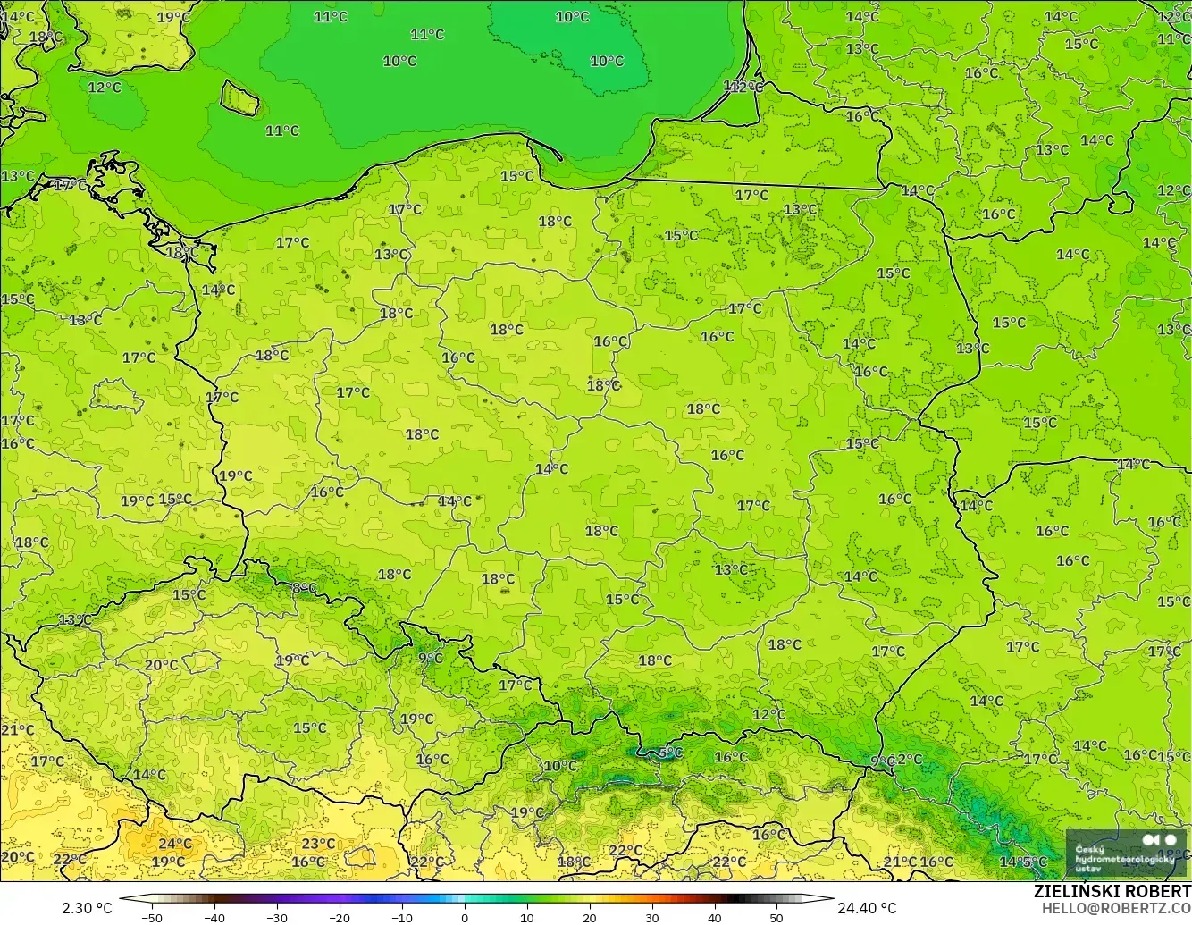 ALADIN CZ 2.3 km modelo - Polonia, Temperatura a 2 m