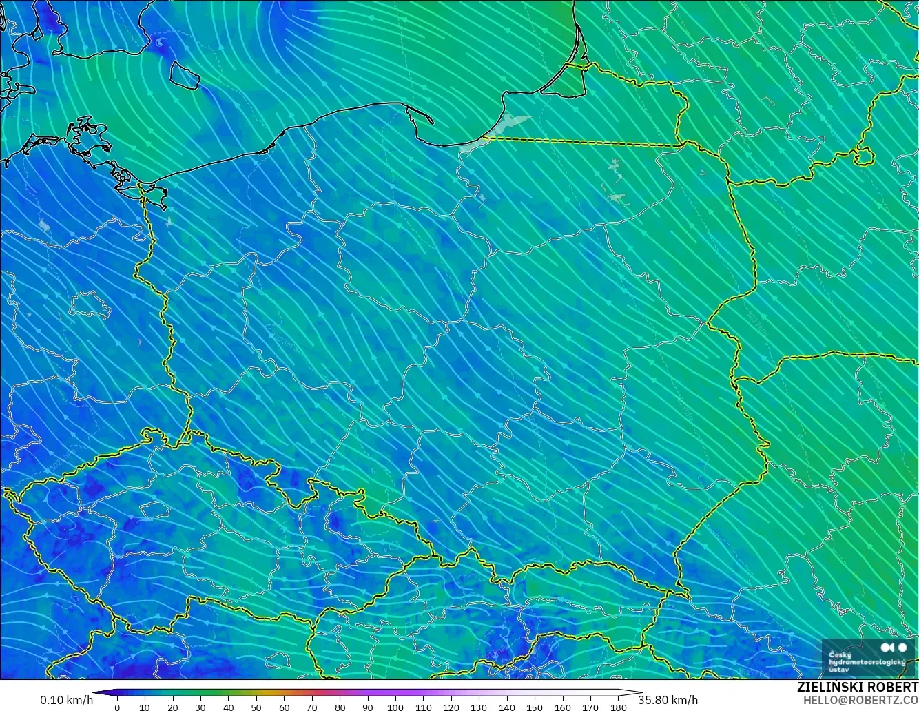 ALADIN CZ 2.3 km modelo - Polonia, Viento a 10 m