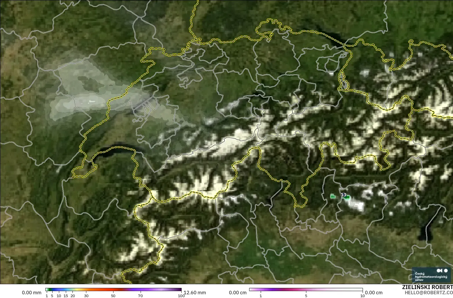 ALADIN CZ 2.3 km modelo - Suiza, Precipitación, nubes y presión