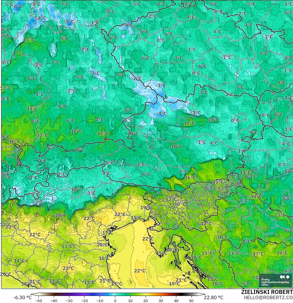 ALADIN CZ 2.3 km modelo - Austria, Punto de rocío a 2 m