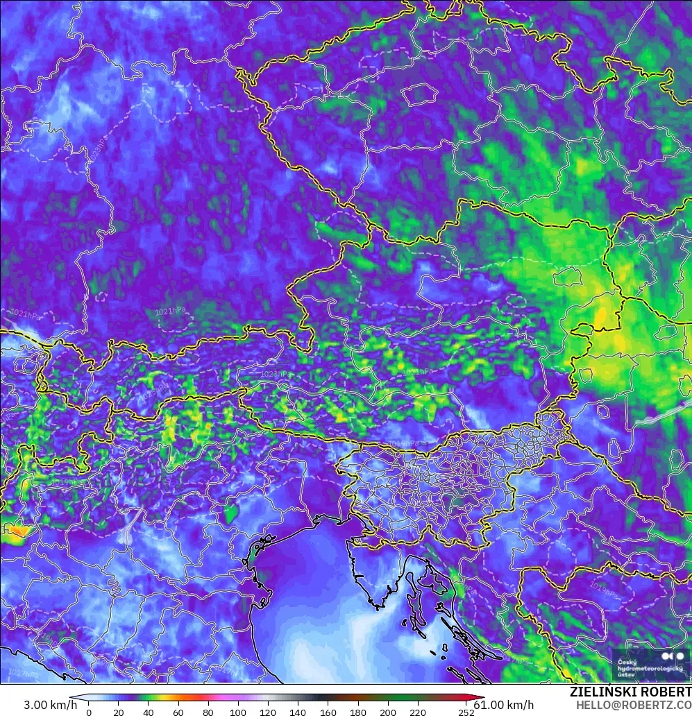 ALADIN CZ 2.3 km modelo - Austria, Ráfagas de Viento Máximas