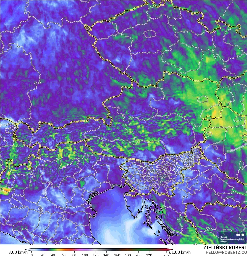 ALADIN CZ 2.3 km modelo - Austria, Ráfagas de viento