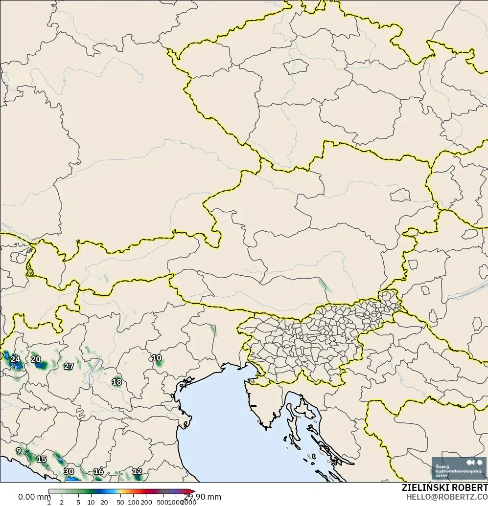 ALADIN CZ 2.3 km modelo - Austria, Acumulación de precipitación