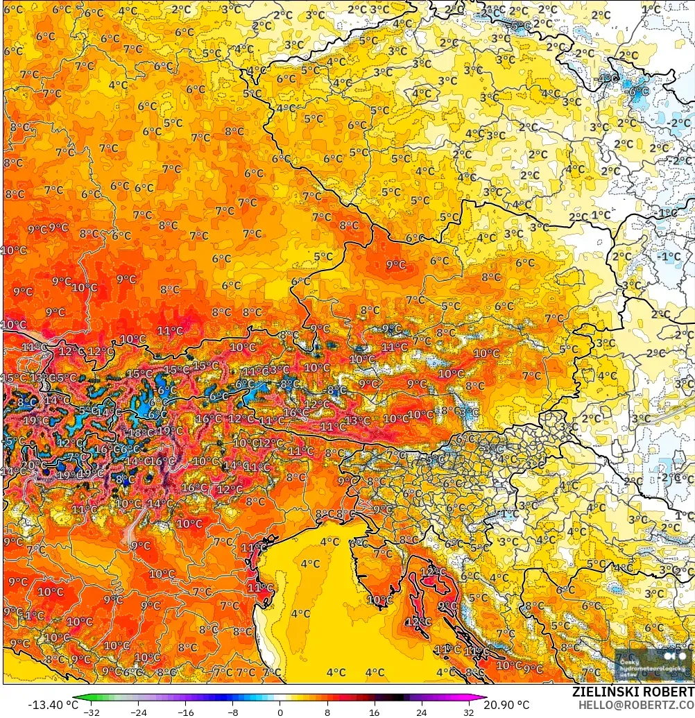 ALADIN CZ 2.3 km modelo - Austria, Anomalía de temperatura a 2 m
