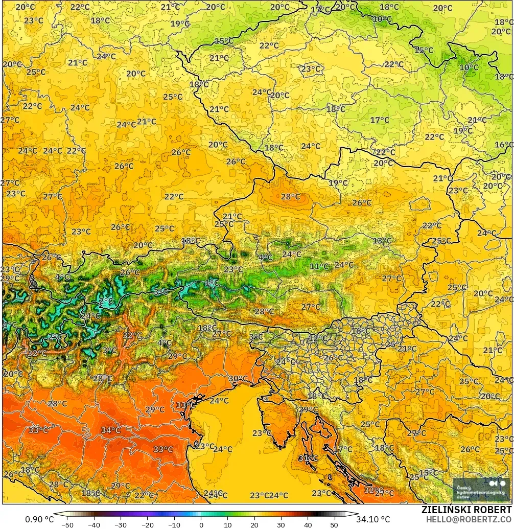 ALADIN CZ 2.3 km modelo - Austria, Temperatura a 2 m