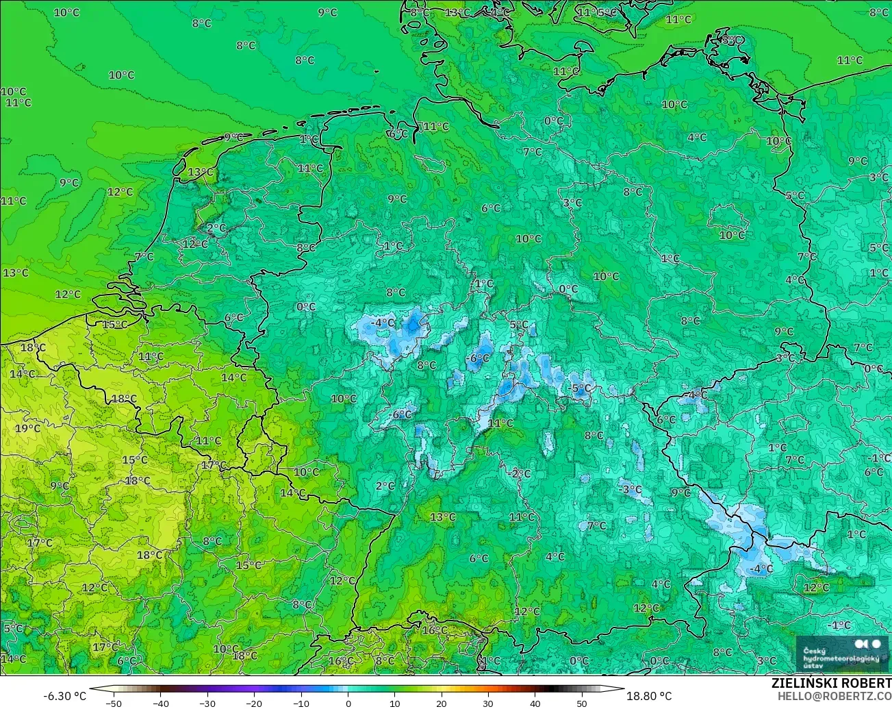 ALADIN CZ 2.3 km modelo - Alemania, Punto de rocío a 2 m