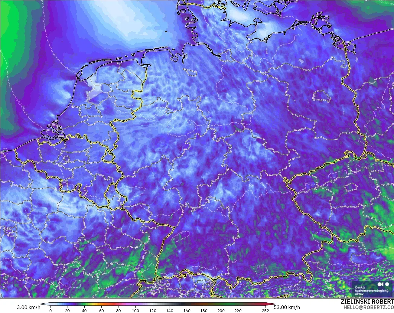 ALADIN CZ 2.3 km modelo - Alemania, Ráfagas de Viento Máximas