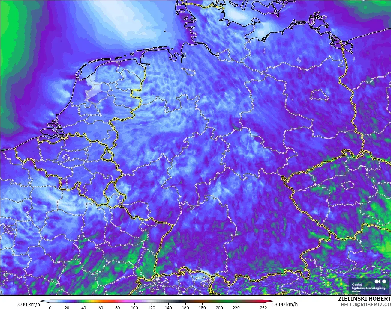 ALADIN CZ 2.3 km modelo - Alemania, Ráfagas de viento