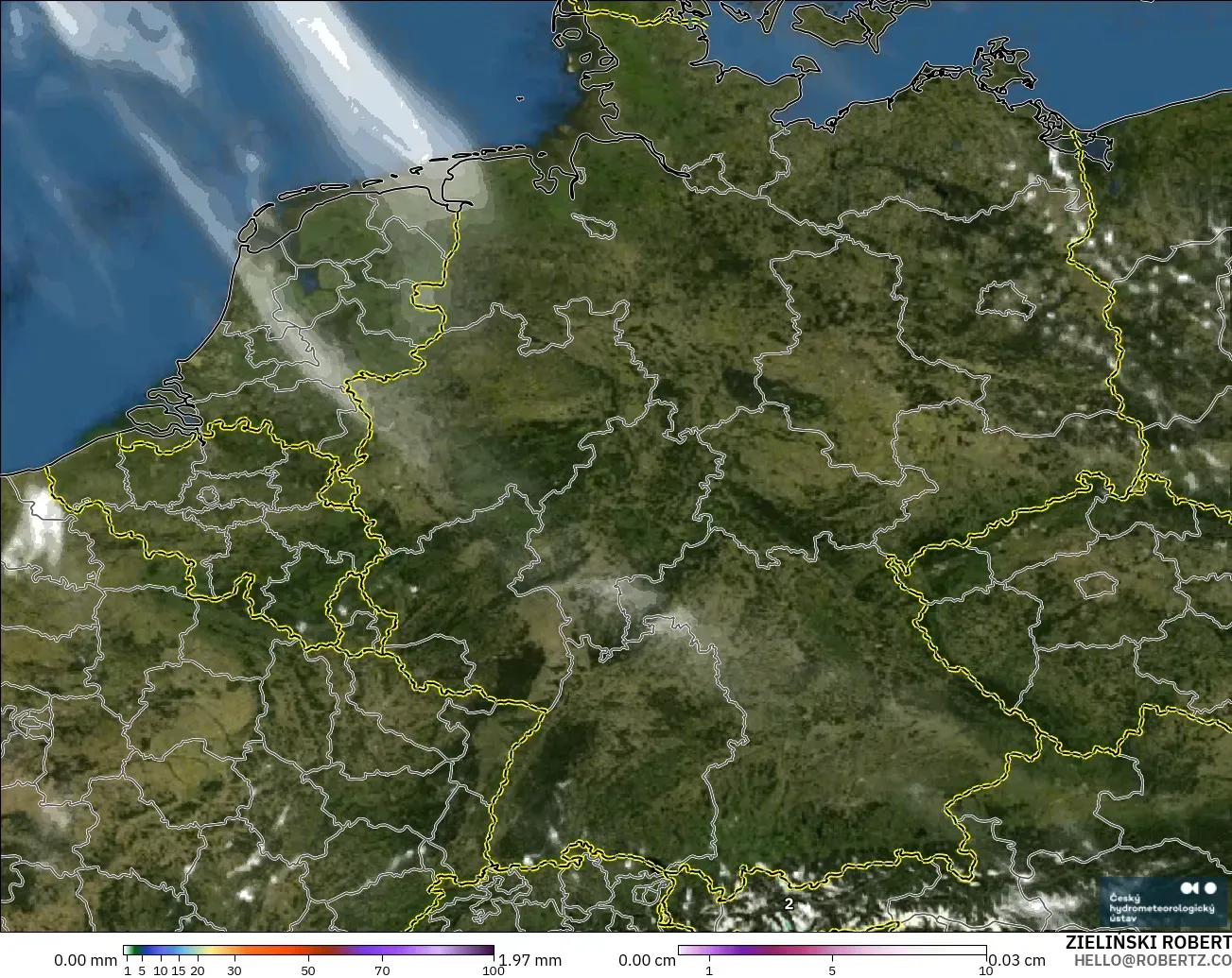 ALADIN CZ 2.3 km modelo - Alemania, Precipitación, nubes y presión
