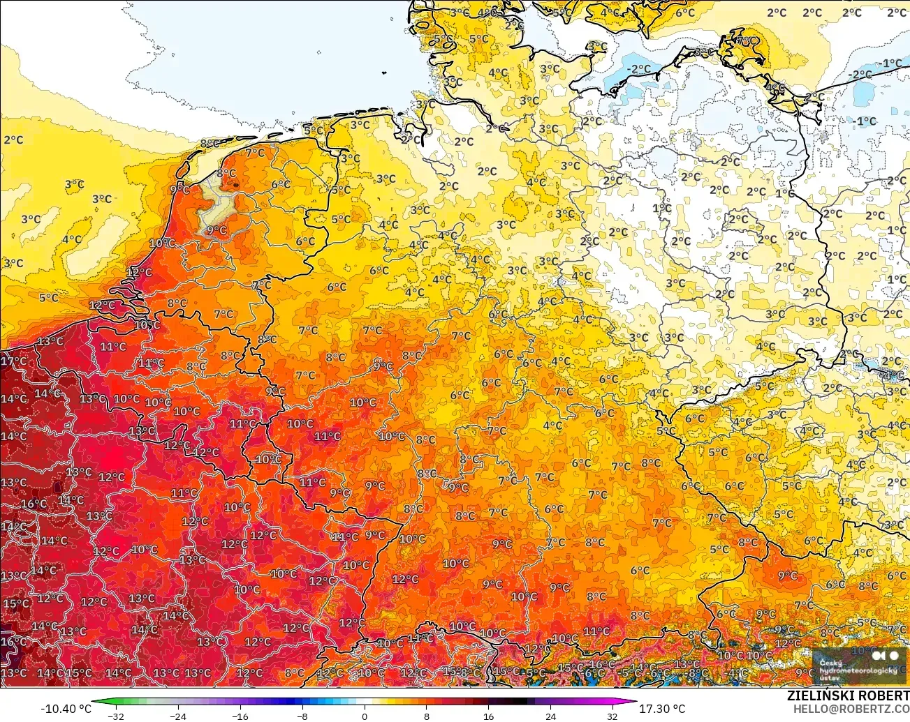 ALADIN CZ 2.3 km modelo - Alemania, Anomalía de temperatura a 2 m
