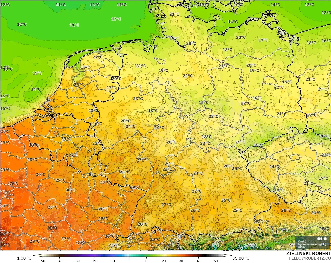 ALADIN CZ 2.3 km modelo - Alemania, Temperatura a 2 m