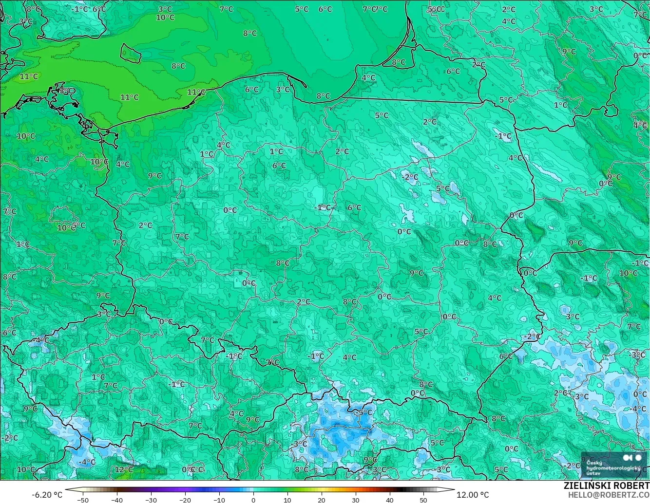 ALADIN CZ 2.3 km modelo - Polonia, Punto de rocío a 2 m