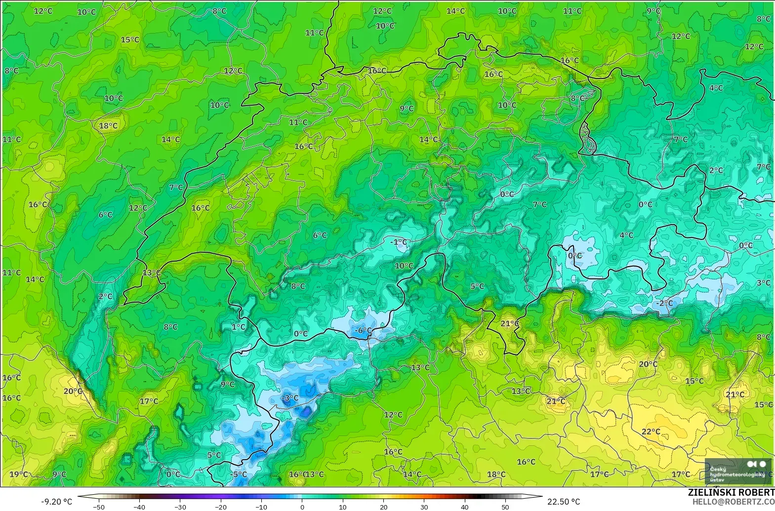 ALADIN CZ 2.3 km modelo - Suiza, Punto de rocío a 2 m