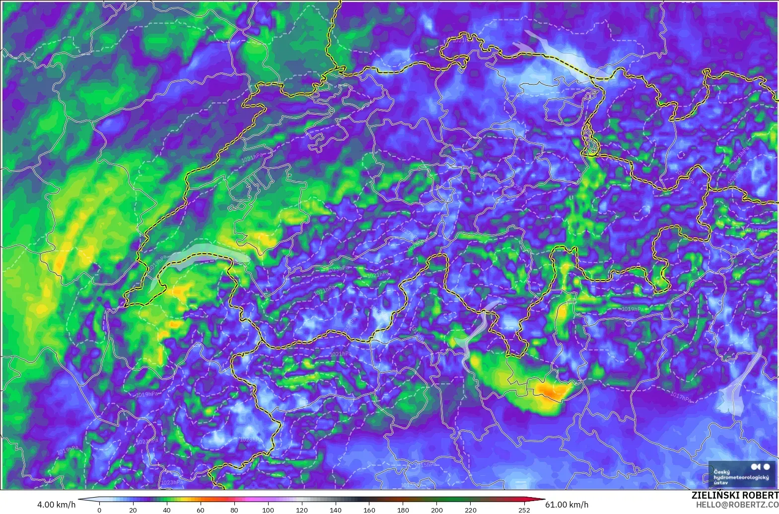 ALADIN CZ 2.3 km modelo - Suiza, Ráfagas de Viento Máximas