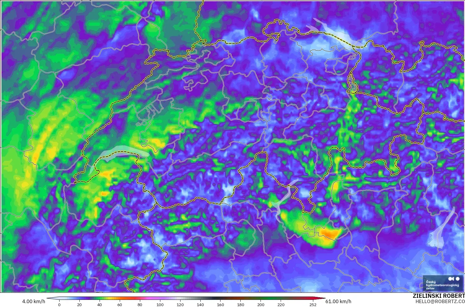 ALADIN CZ 2.3 km modelo - Suiza, Ráfagas de viento