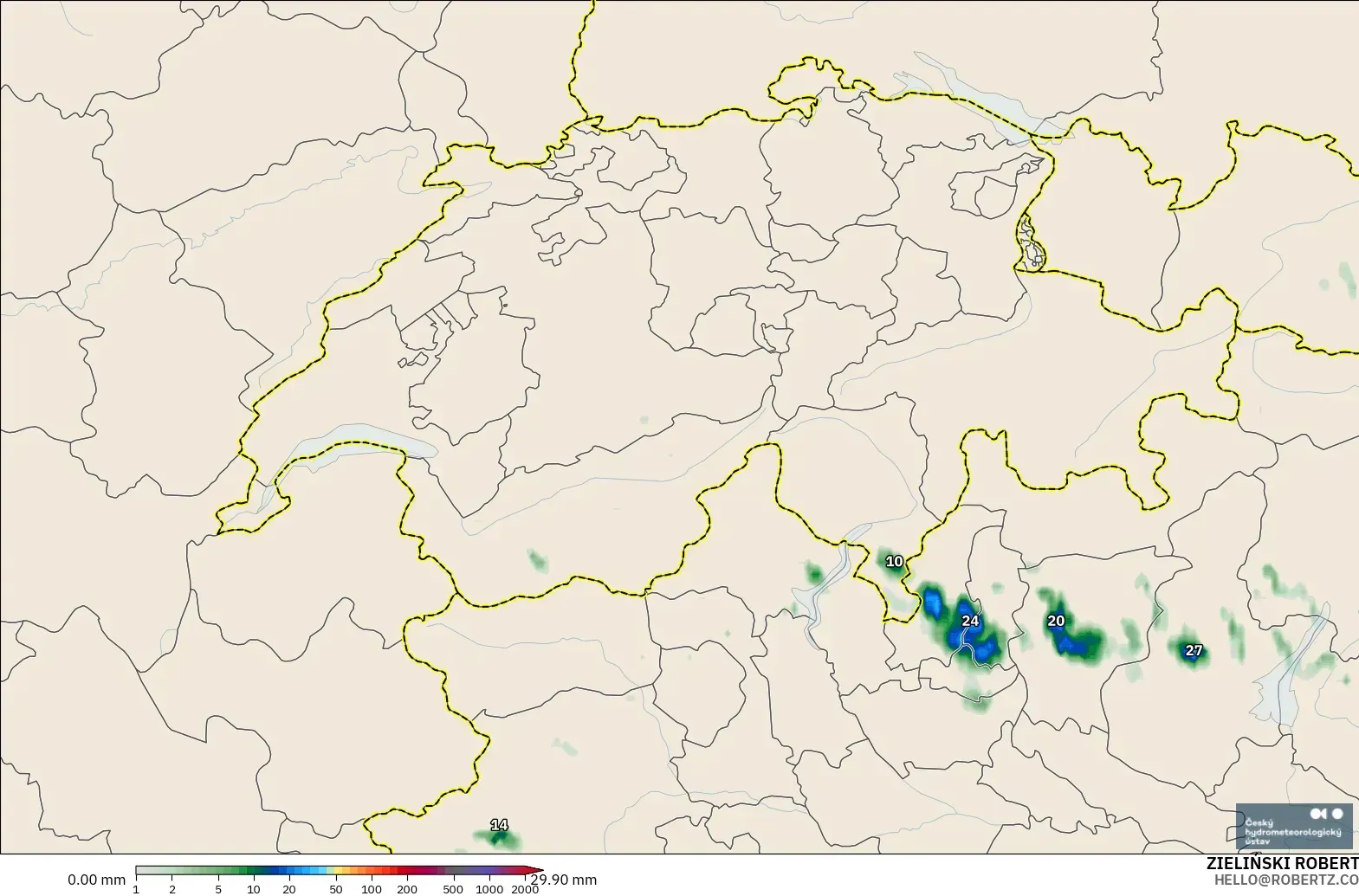 ALADIN CZ 2.3 km modelo - Suiza, Acumulación de precipitación