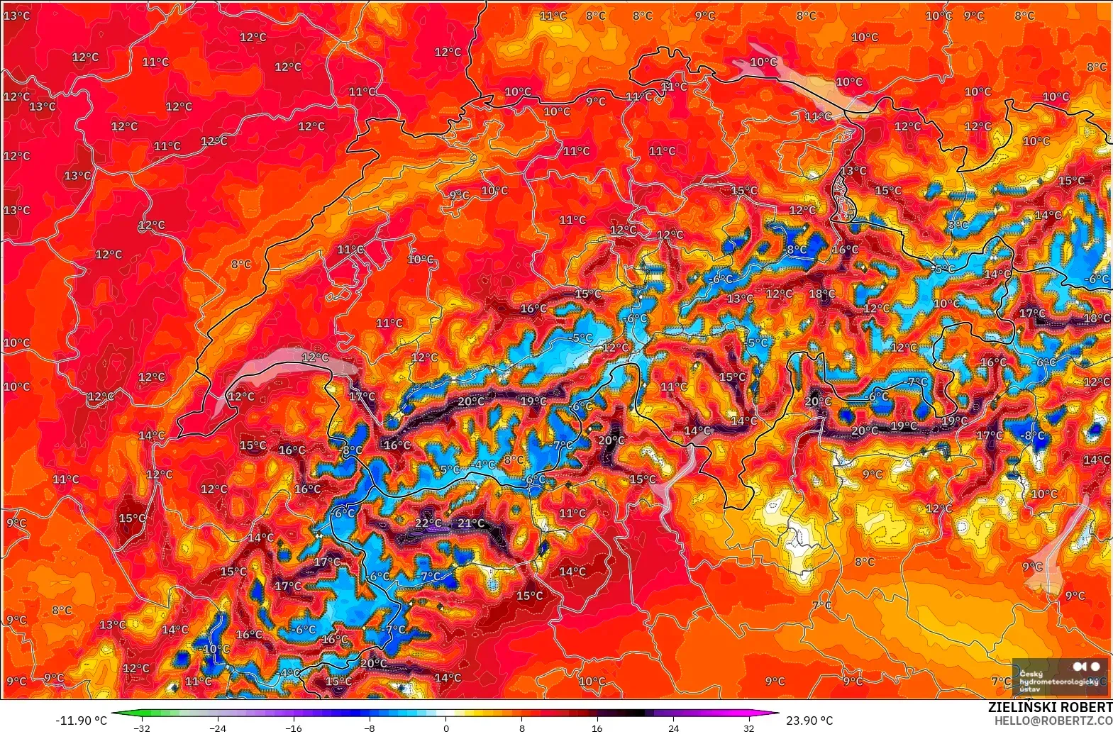 ALADIN CZ 2.3 km modelo - Suiza, Anomalía de temperatura a 2 m