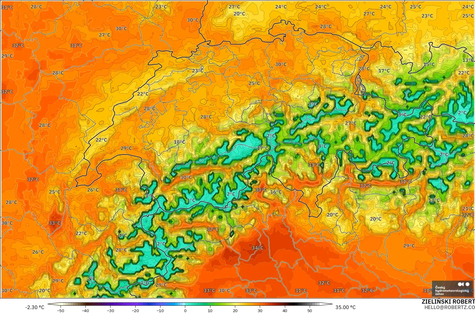 ALADIN CZ 2.3 km modelo - Suiza, Temperatura a 2 m