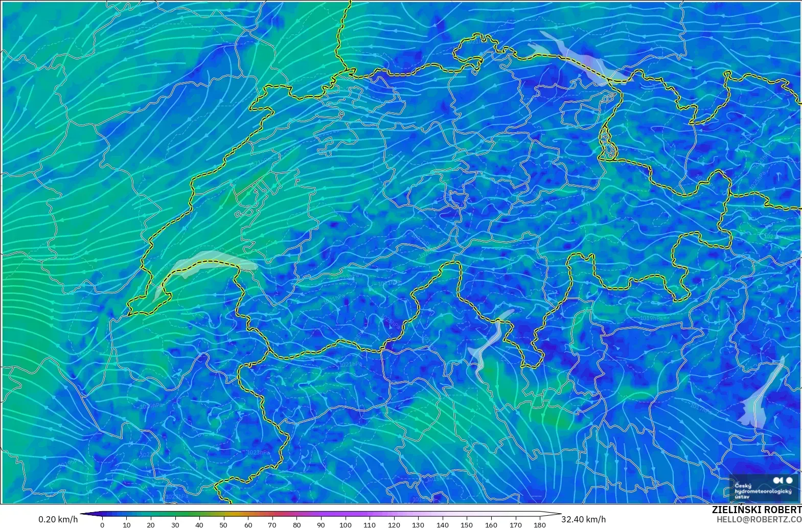 ALADIN CZ 2.3 km modelo - Suiza, Viento a 10 m