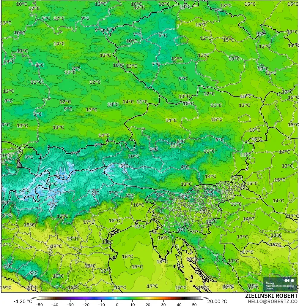 ALADIN CZ 2.3 km modelo - Austria, Punto de rocío a 2 m