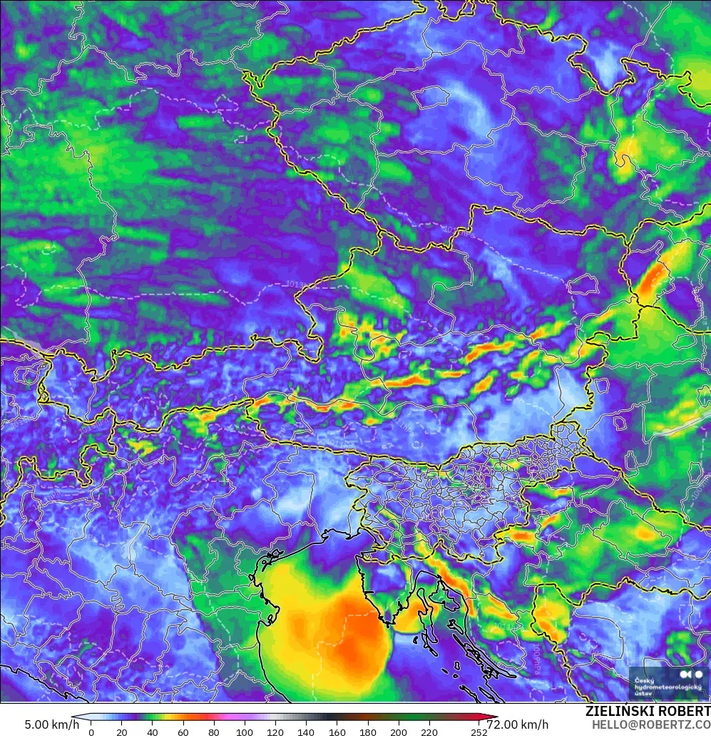 ALADIN CZ 2.3 km modelo - Austria, Ráfagas de Viento Máximas