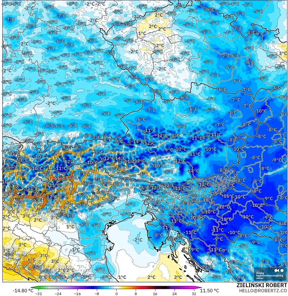 ALADIN CZ 2.3 km modelo - Austria, Anomalía de temperatura a 2 m