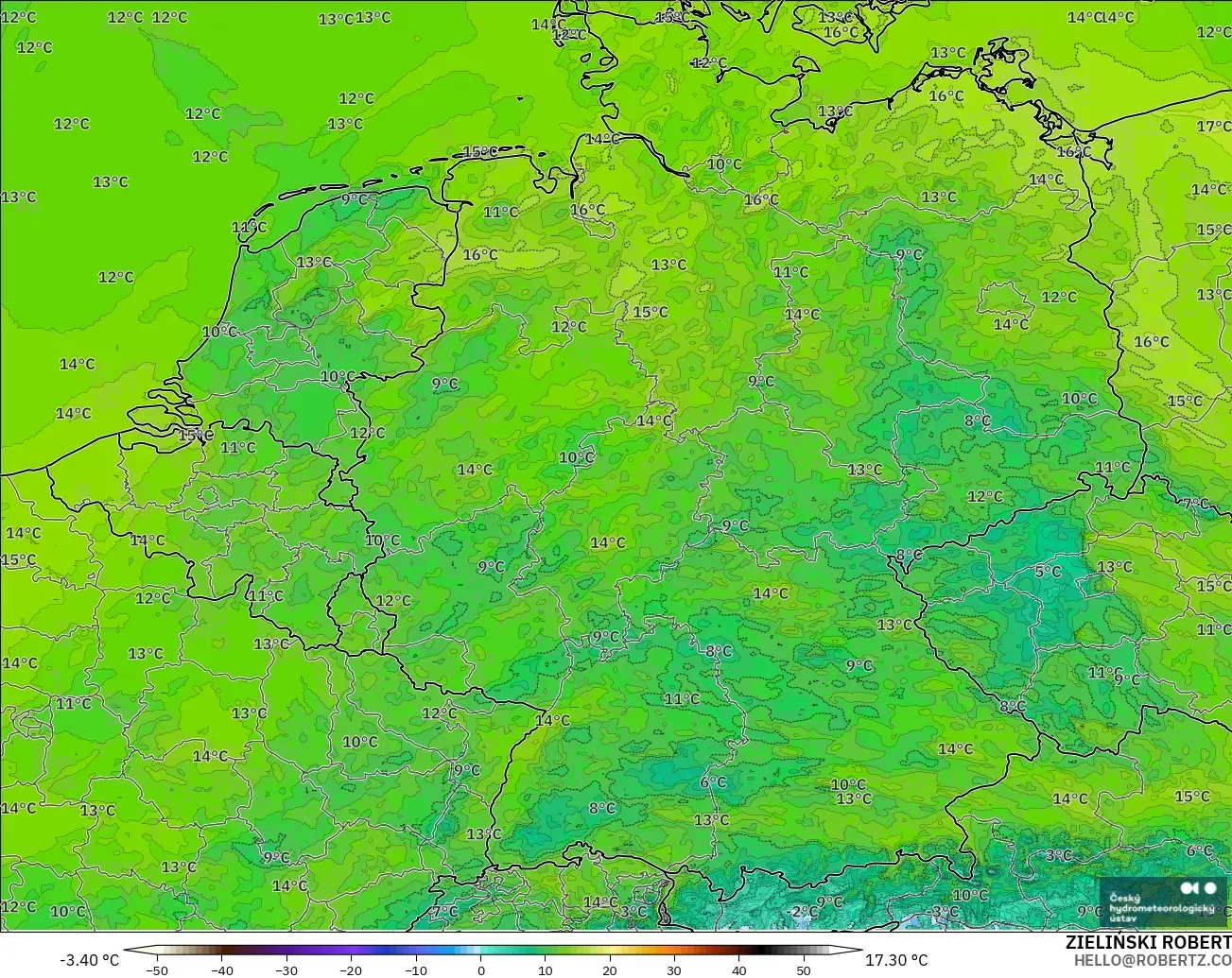 ALADIN CZ 2.3 km modelo - Alemania, Punto de rocío a 2 m
