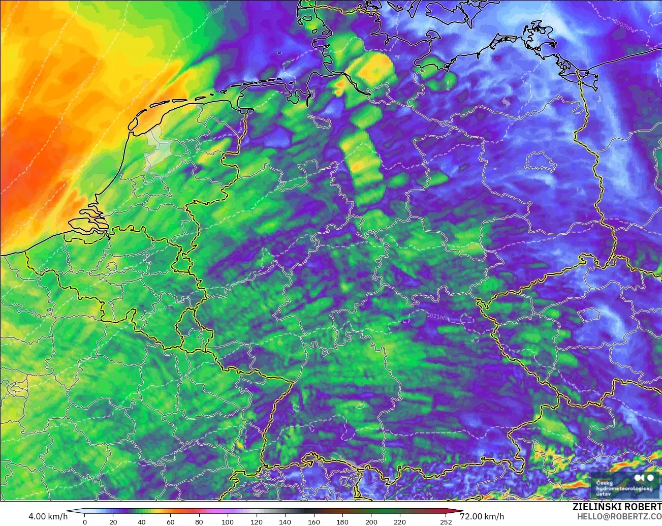 ALADIN CZ 2.3 km modelo - Alemania, Ráfagas de Viento Máximas