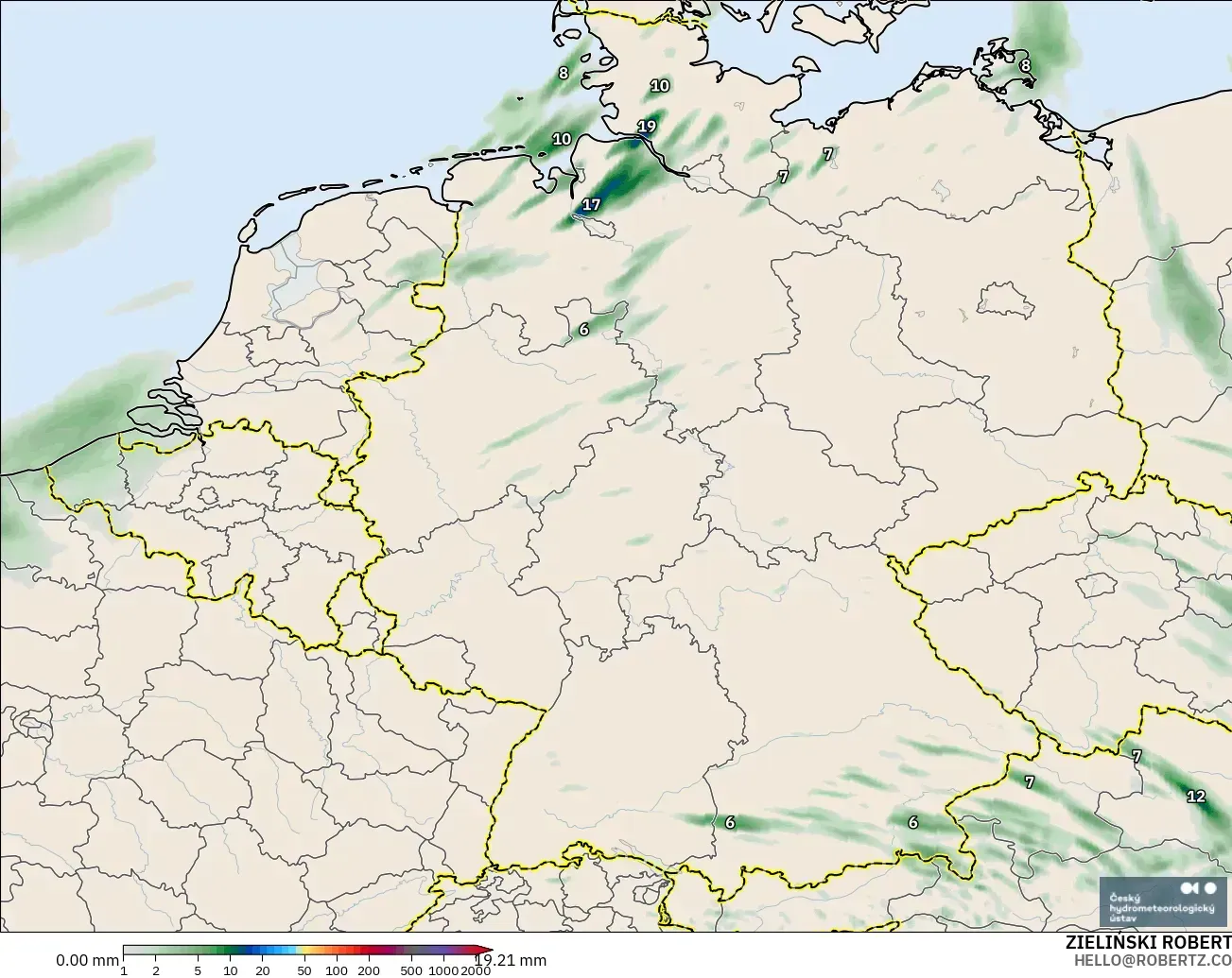 ALADIN CZ 2.3 km modelo - Alemania, Acumulación de precipitación