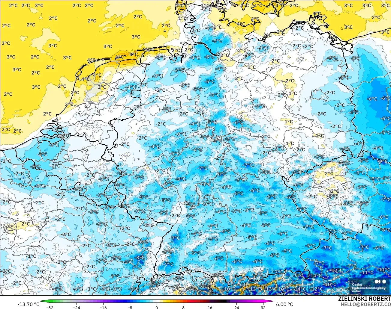ALADIN CZ 2.3 km modelo - Alemania, Anomalía de temperatura a 2 m