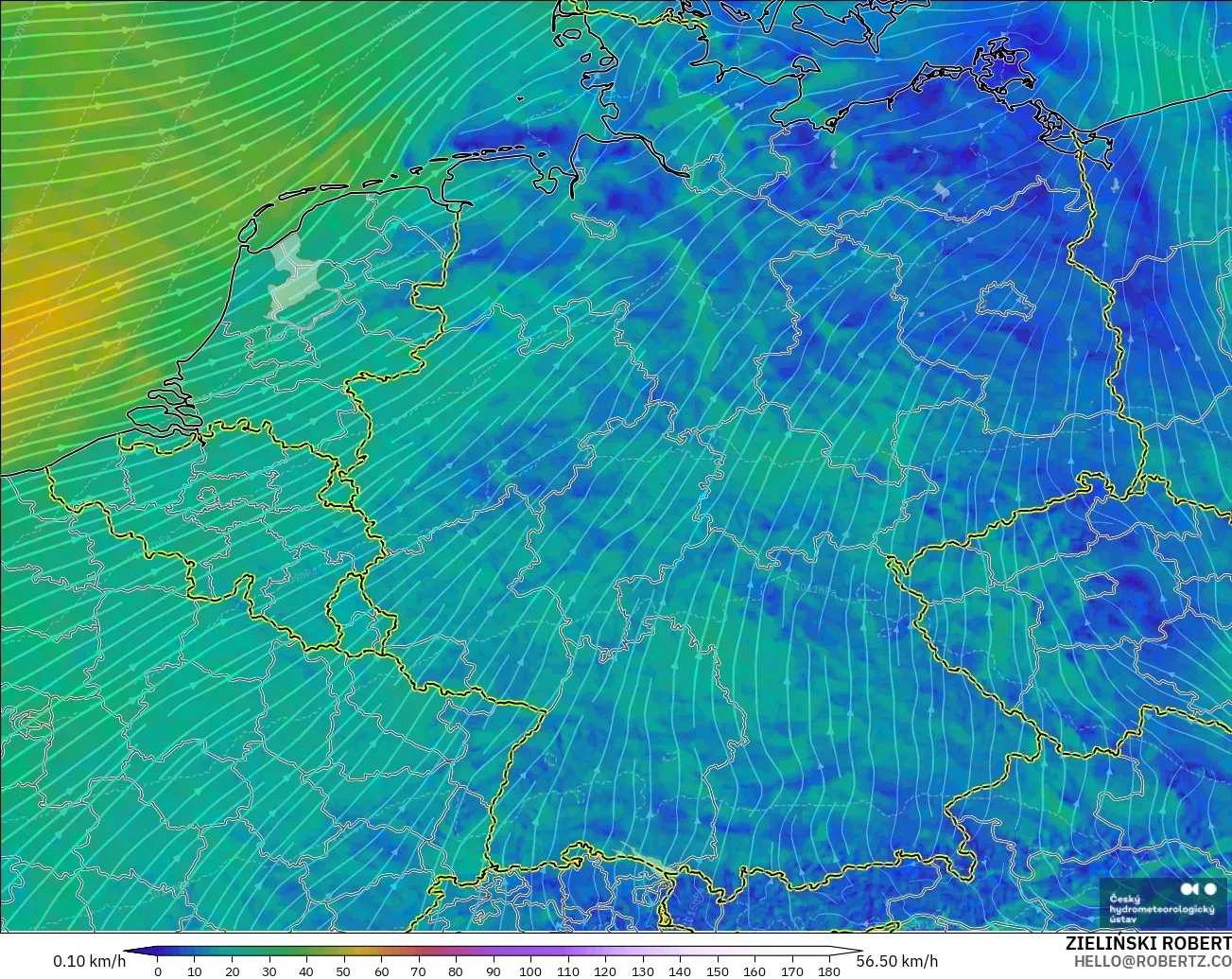 ALADIN CZ 2.3 km modelo - Alemania, Viento a 10 m