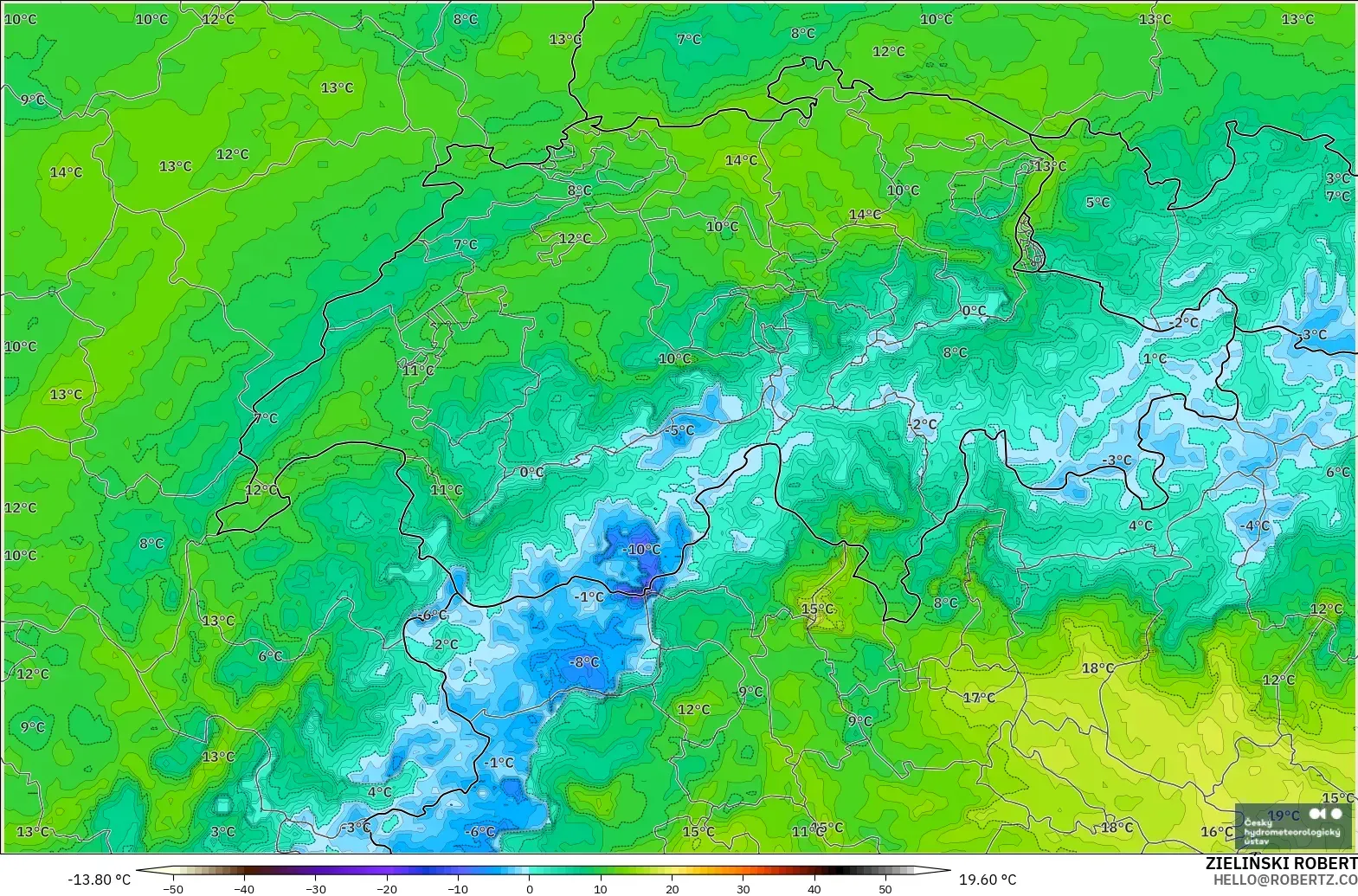 ALADIN CZ 2.3 km modelo - Suiza, Punto de rocío a 2 m