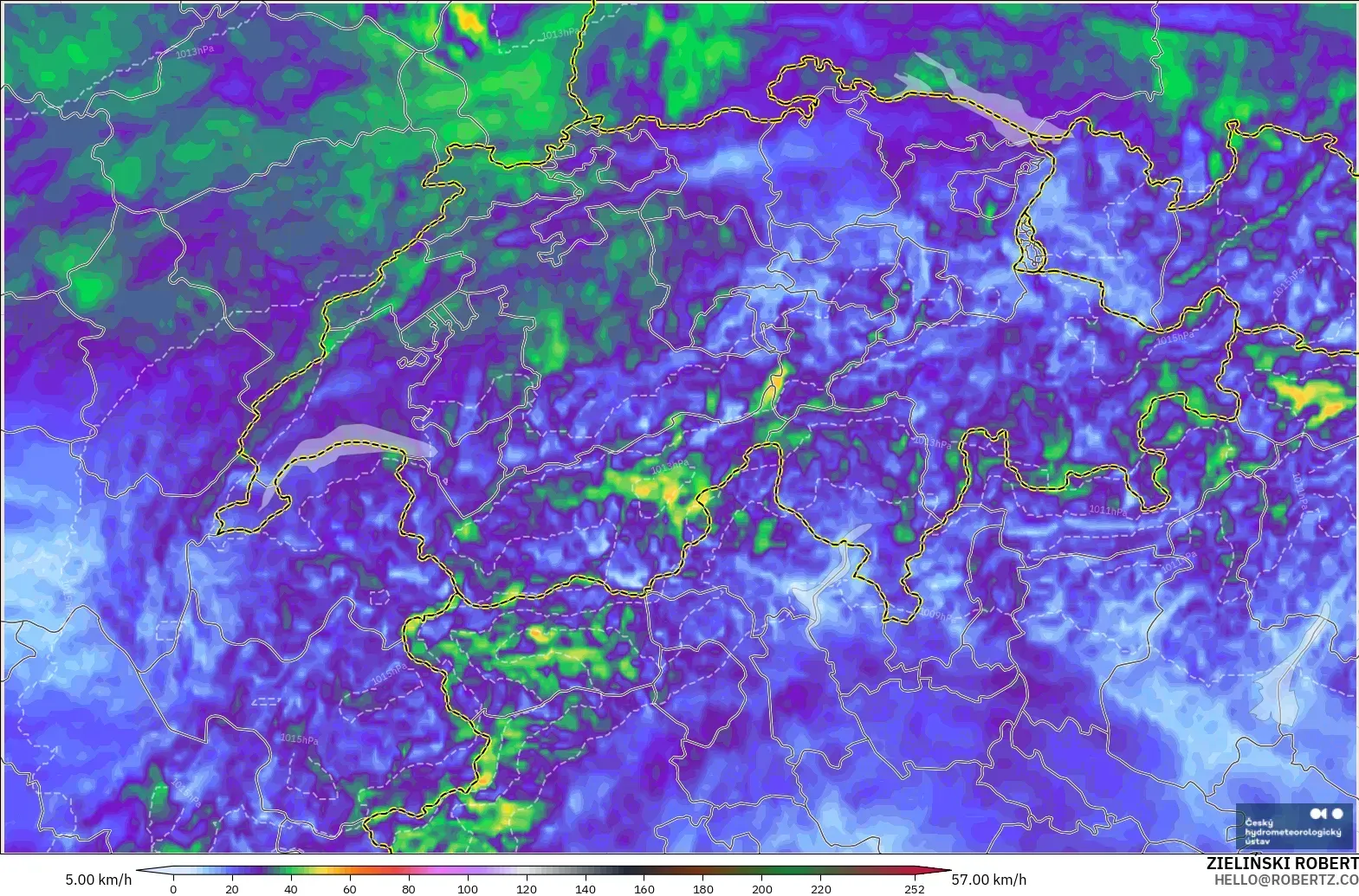 ALADIN CZ 2.3 km modelo - Suiza, Ráfagas de Viento Máximas